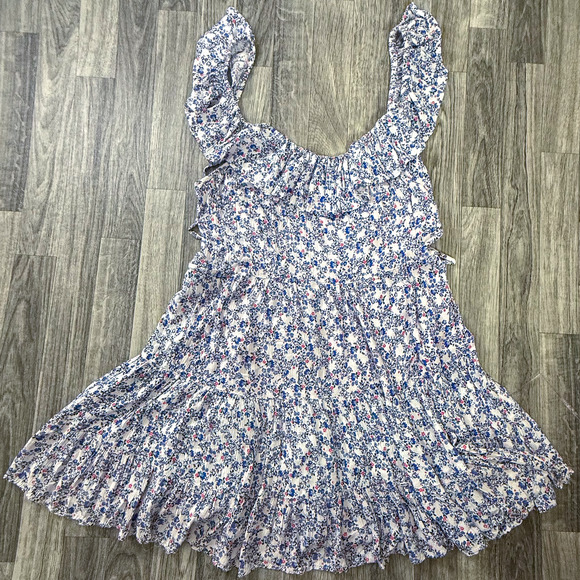 Angie Boho Floral Ruffle Dress Blue White Pink Tiered Rayon Smocked L Sleeveless - Picture 2 of 5